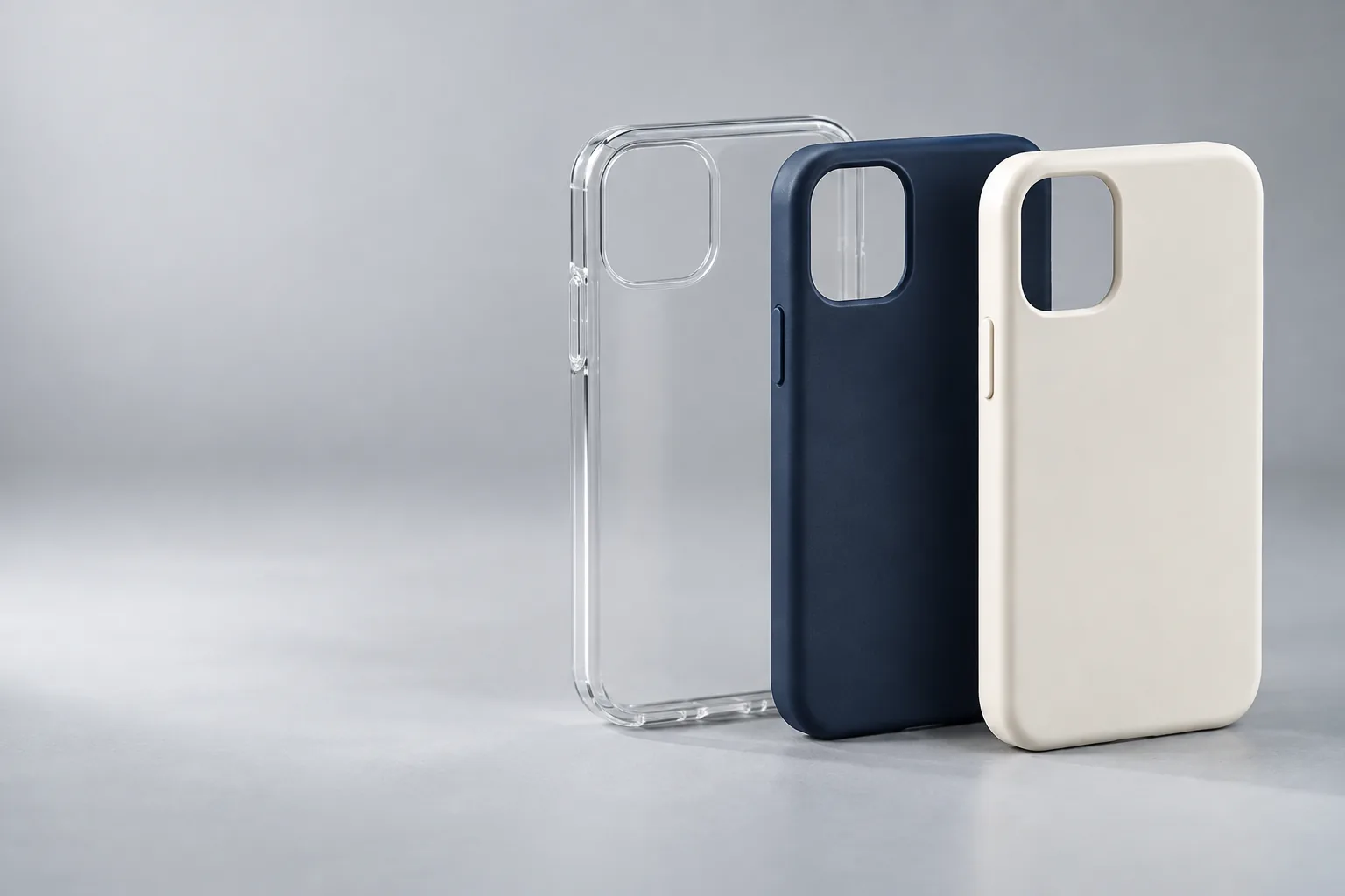 Illustrative phone case concepts in clear, navy, and ivory